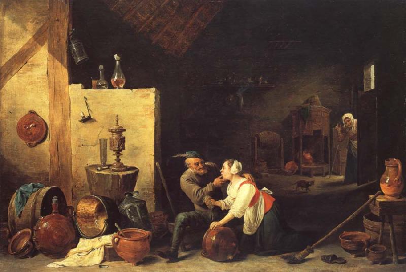 David Teniers An Old Peasant Caresses a Kitchen Maid in a Stable France oil painting art